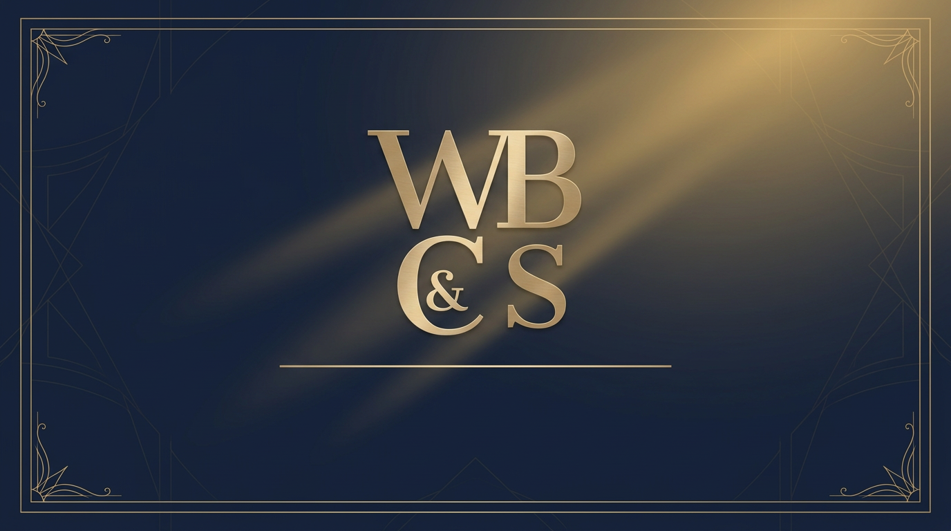 Whitehead Benefits & Consulting Services LLC monogram in champagne gold on a deep navy backdrop with art-deco accents
